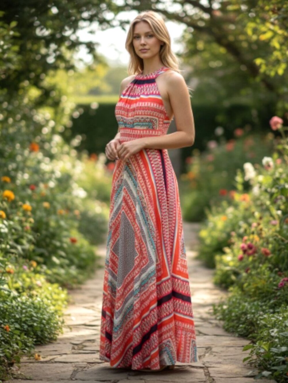 Eliza J Scarf Print Crepe De Chine Maxi Dress Size 2 Petite Sleeveless Tie Neck